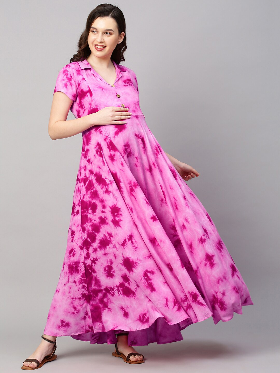 

MomToBe Pink Tie and Dye Dyed Maternity Maxi Nursing Dress