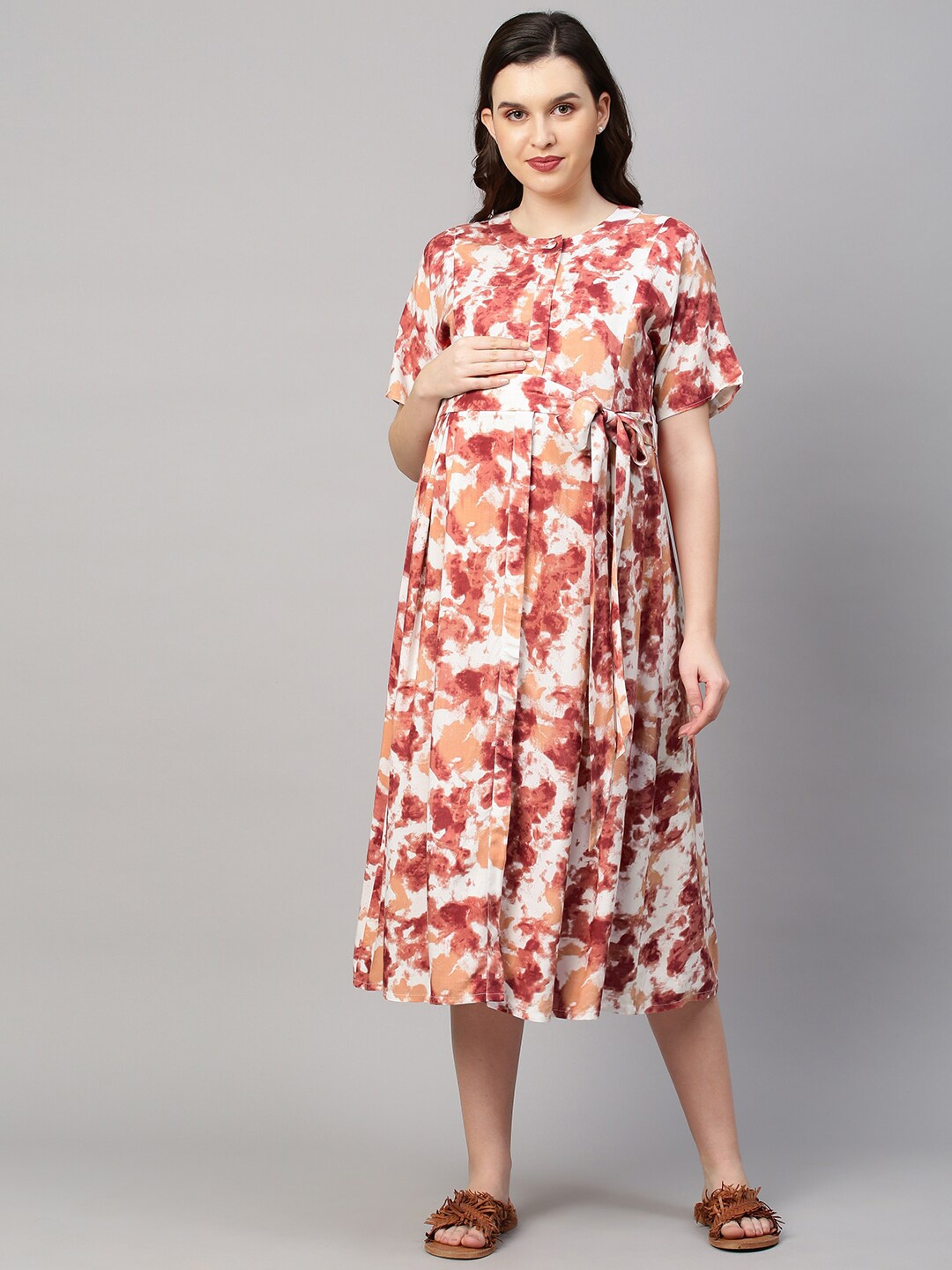 

MomToBe Orange Tie & Dye Maternity Nursing A-Line Midi Sustainable Dress