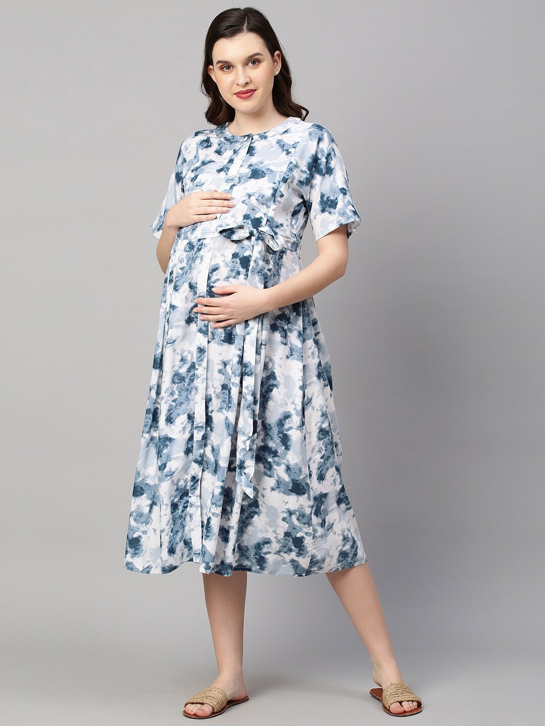 

MomToBe Blue Tie and Dye Maternity Empire Midi Nursing Sustainable Dress