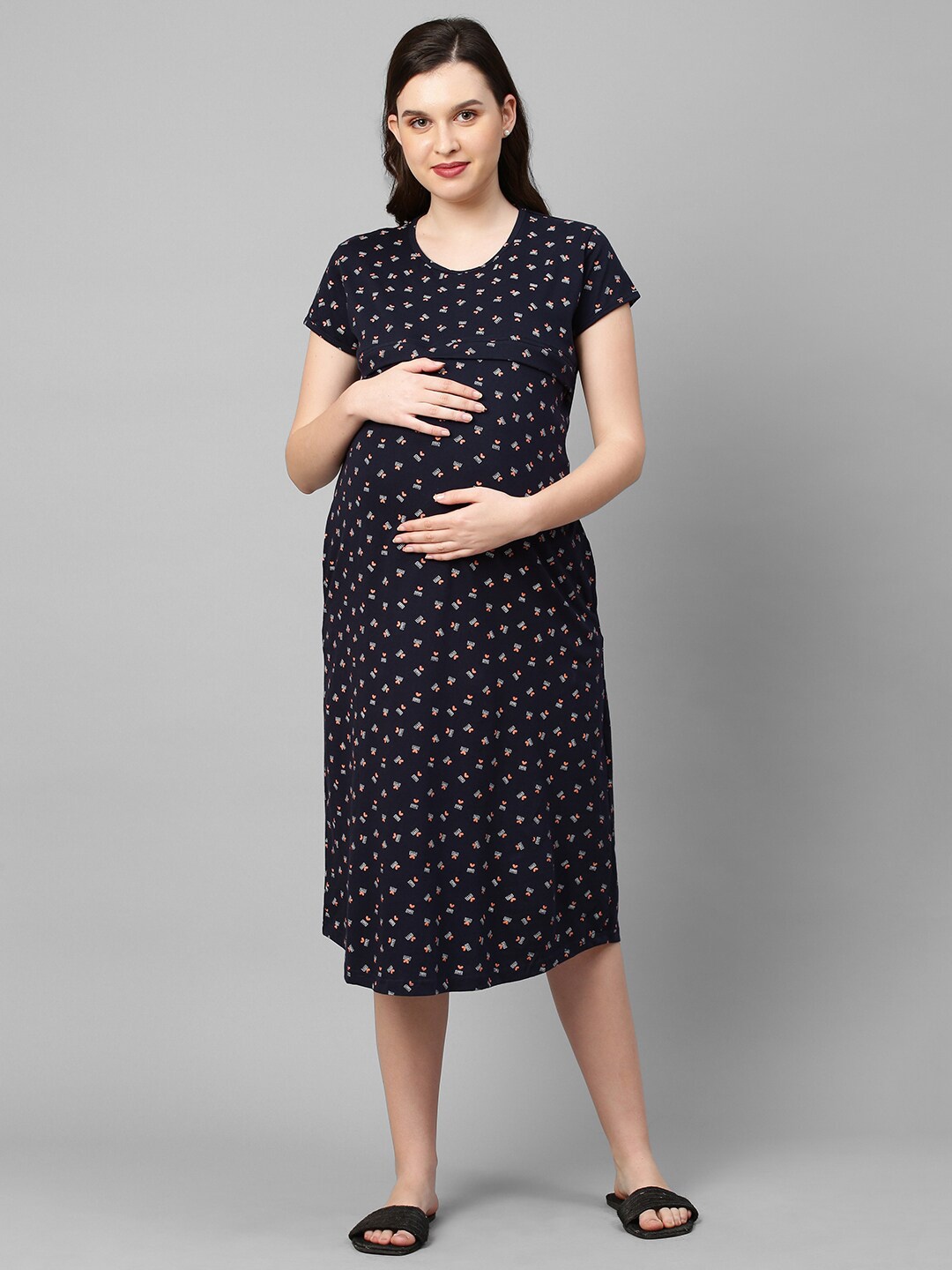 

MomToBe Conversational Printed Maternity Sustainable NightDress, Navy blue