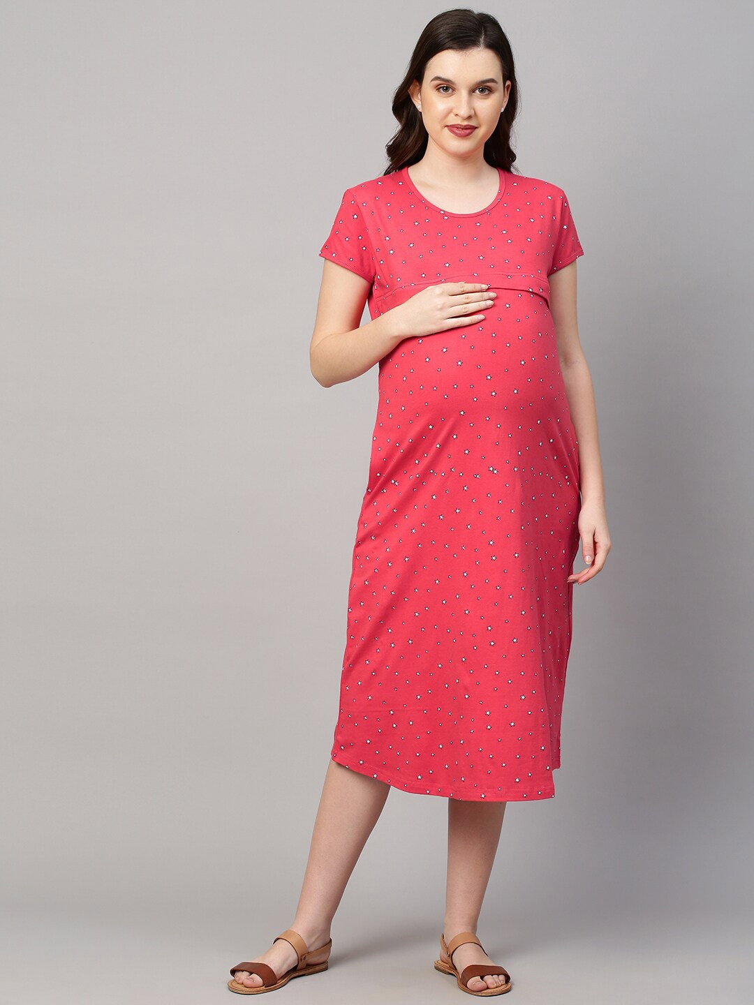 

MomToBe Peach-Coloured Printed Maternity Nursing Nightdress