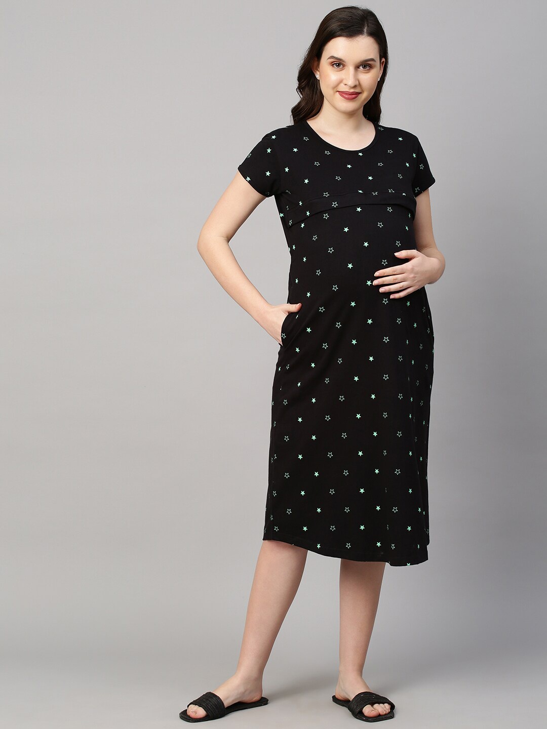 

MomToBe Black Printed Maternity Nursing Sustainable Nightdress