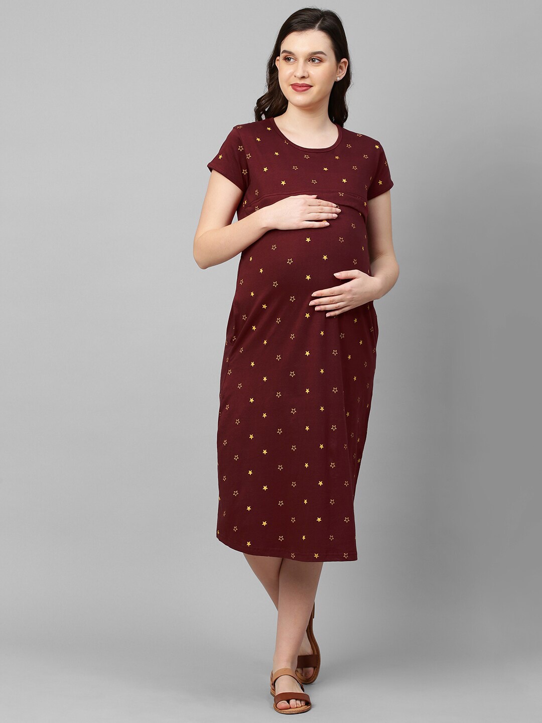 

MomToBe Maroon Printed Maternity Nursing Nightdress