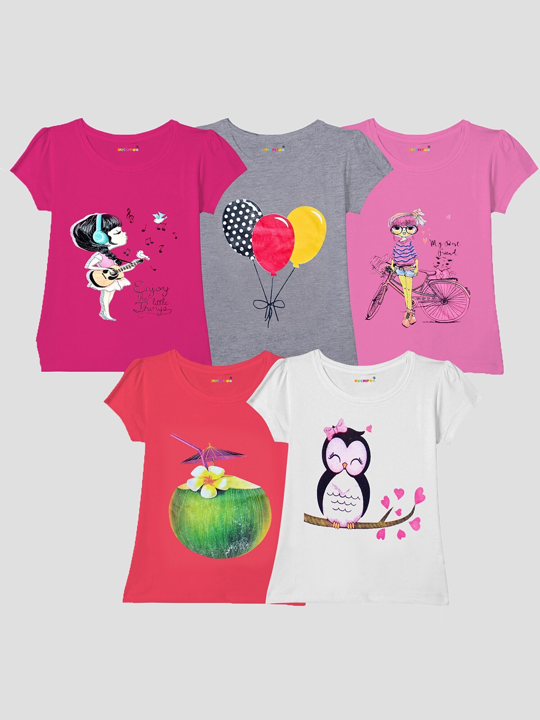 

KUCHIPOO Girls Pack of 5 Multicolored Graphic Printed Puff Sleeves T-shirts, Multi