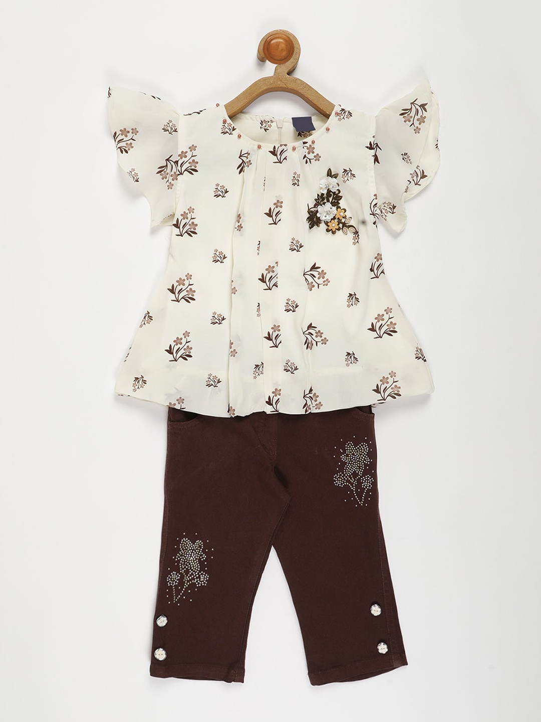

V2 Value & Variety Girls Cream-Coloured & Brown Printed Top with Trousers