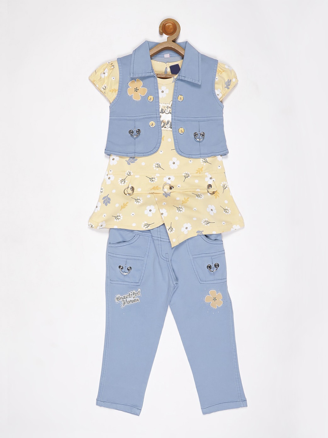 

V2 Value & Variety Girls Yellow & Blue Printed Top with Pyjamas & Jacket