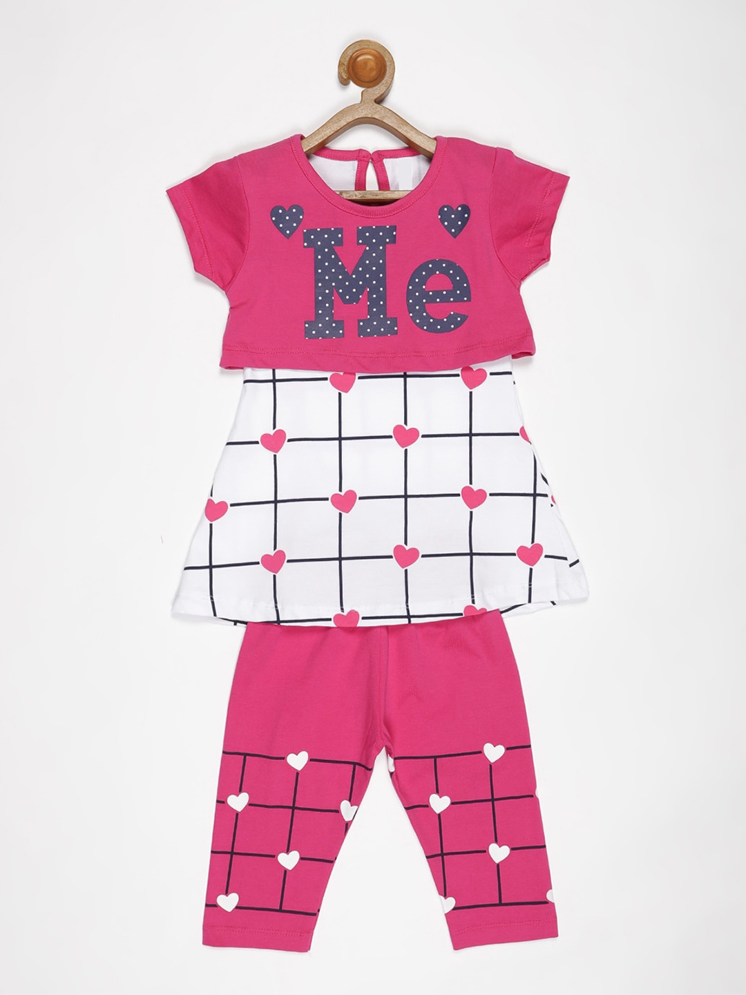 

V2 Value & Variety Girls Pink & White Printed Pure Cotton Tunic with Trousers