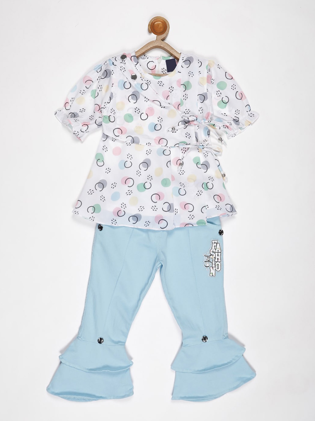 

V2 Value & Variety Girls White & Blue Printed Top with Trousers