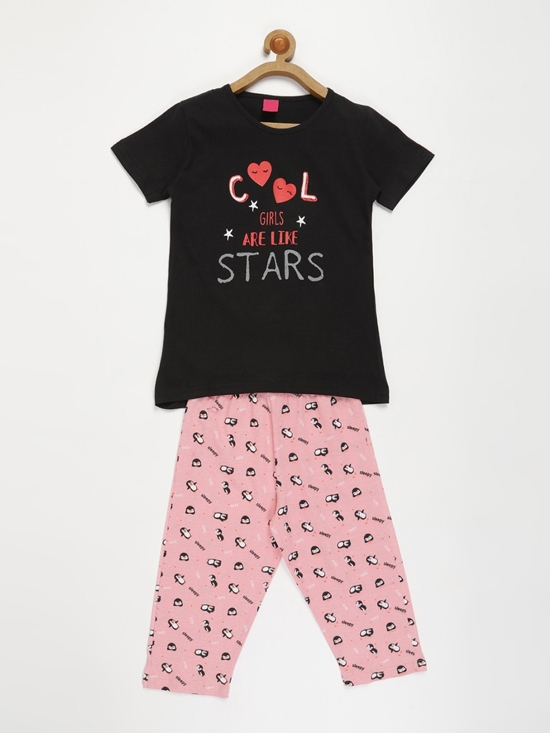 

V2 Value & Variety Girls Black & Pink Printed Pure Cotton T-shirt with Pyjamas