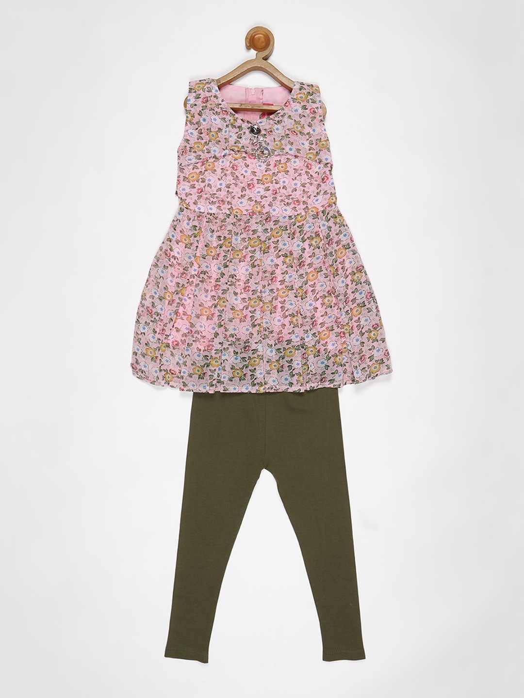 

V2 Value & Variety Girls Pink & Olive Green Printed Top with Leggings
