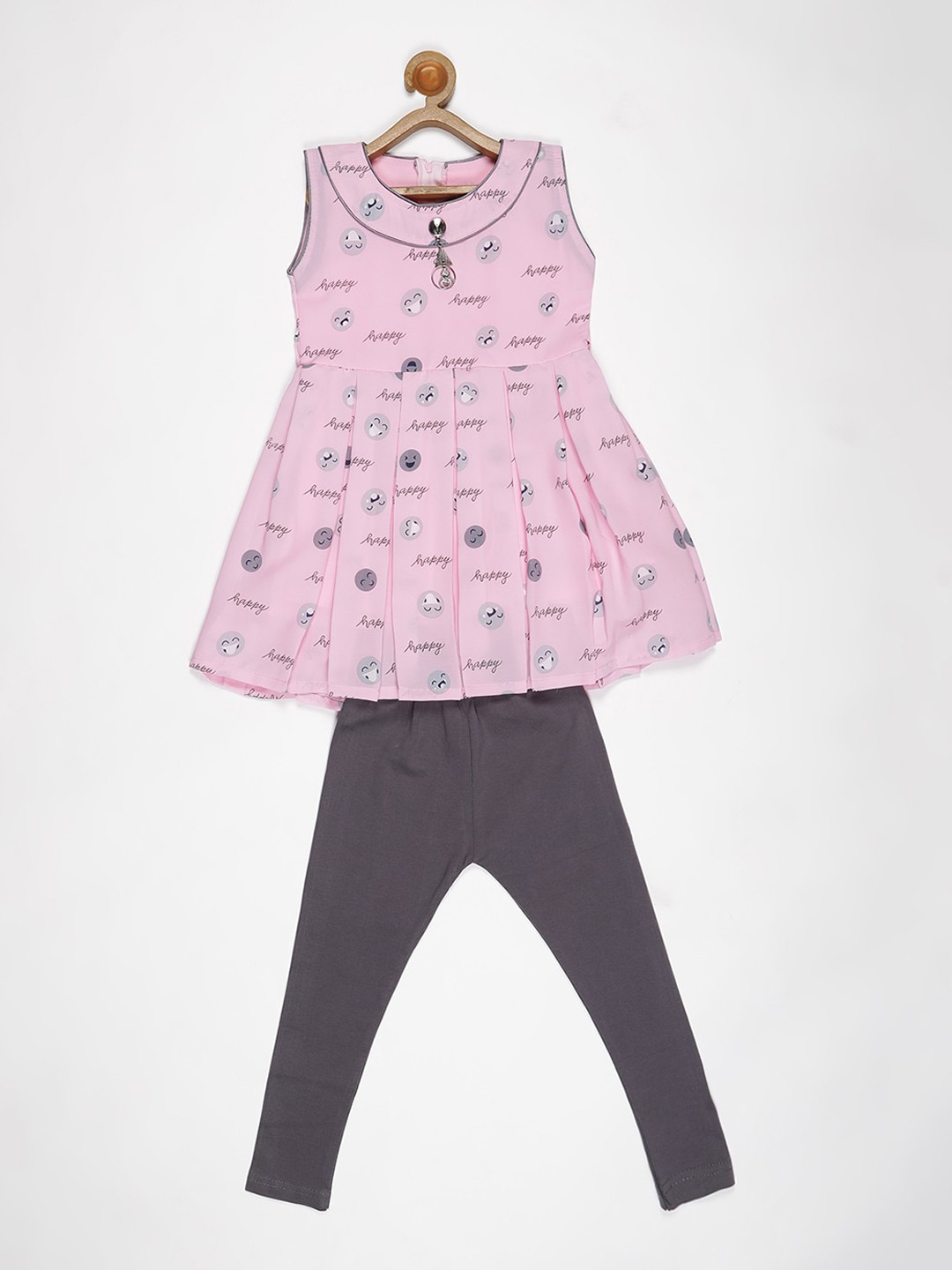 

V2 Value & Variety Girls Pink & Grey Printed Pure Cotton Tunic with Leggings
