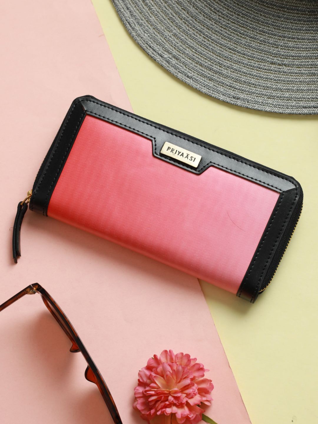 

Priyaasi Women Peach-Coloured & Black PU Zip Around Wallet