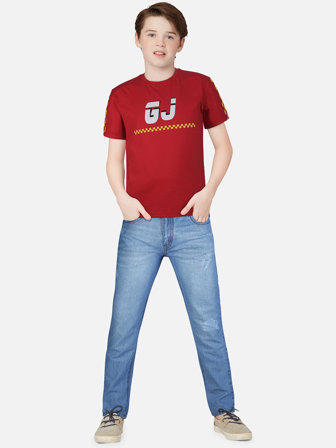 

Gini and Jony Boys Red Printed Cotton T-shirt