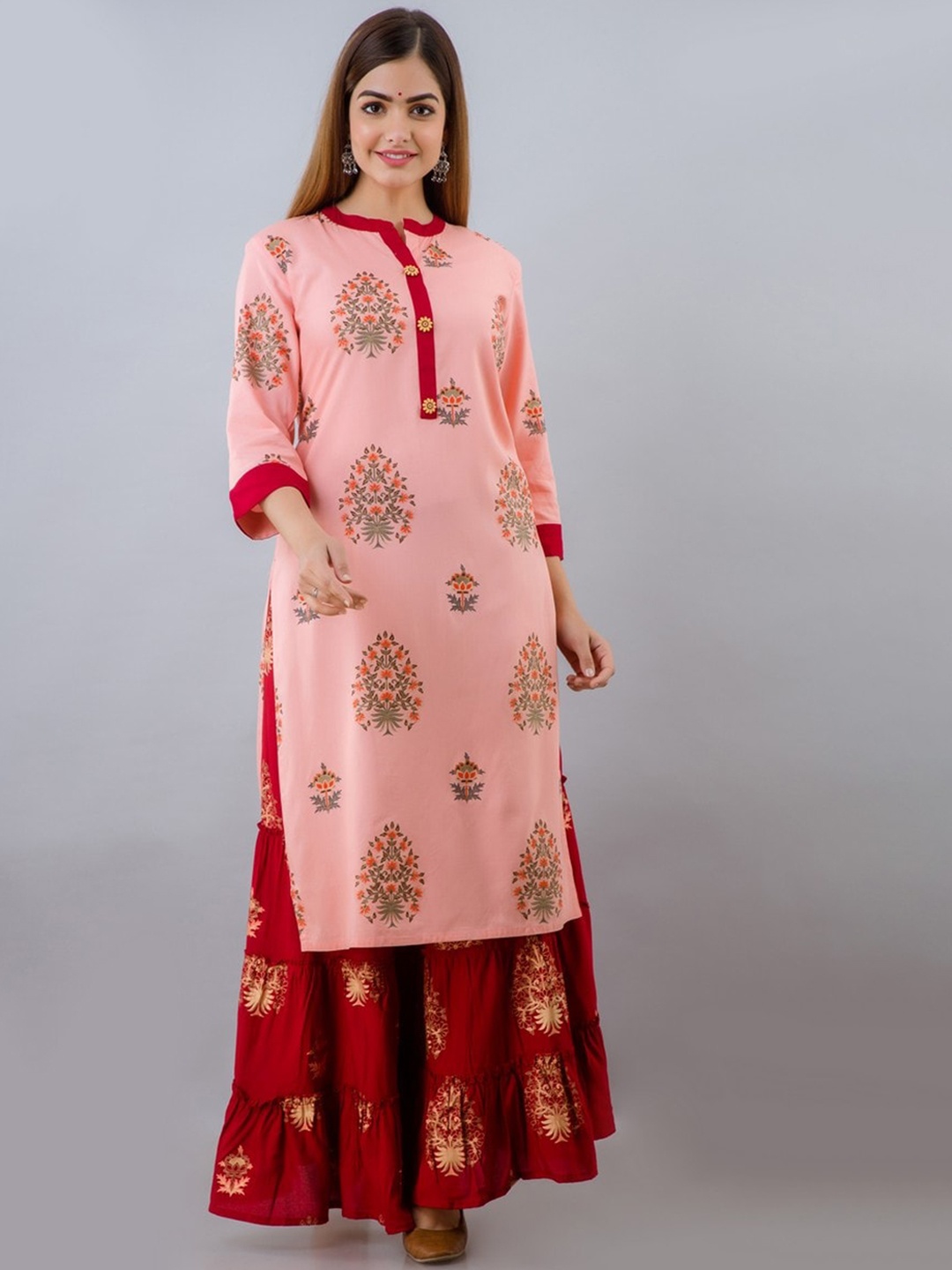 

Lovista Women Peach-Coloured Floral Printed Kurta with Sharara