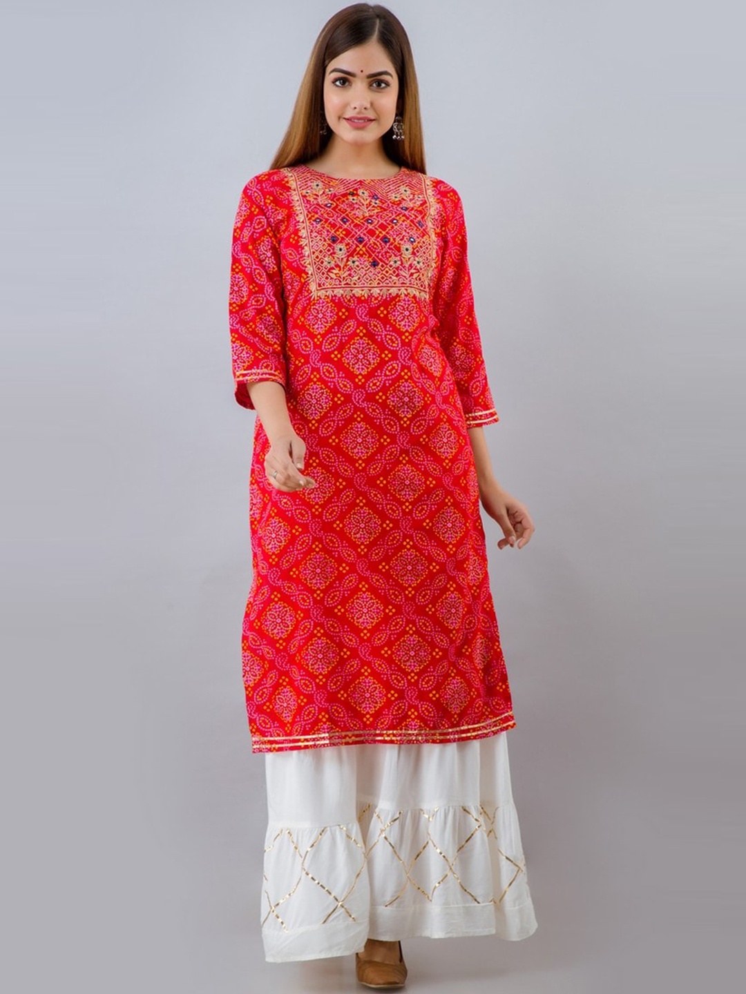 

Lovista Women Red Bandhani Yoke Design Kurta with Sharara