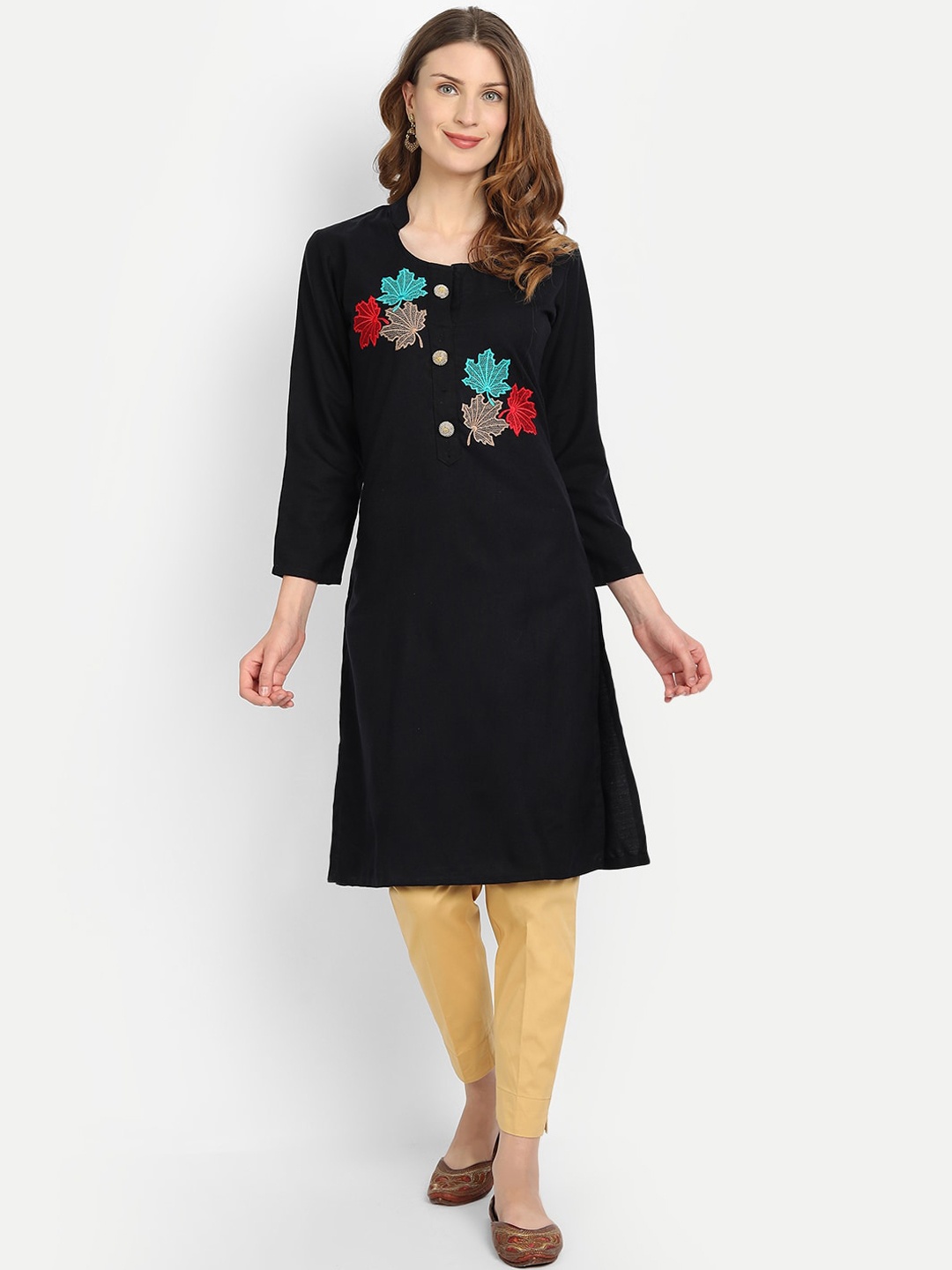 

Alavya Women Black Floral Embroidered Thread Work Dobby Kurta
