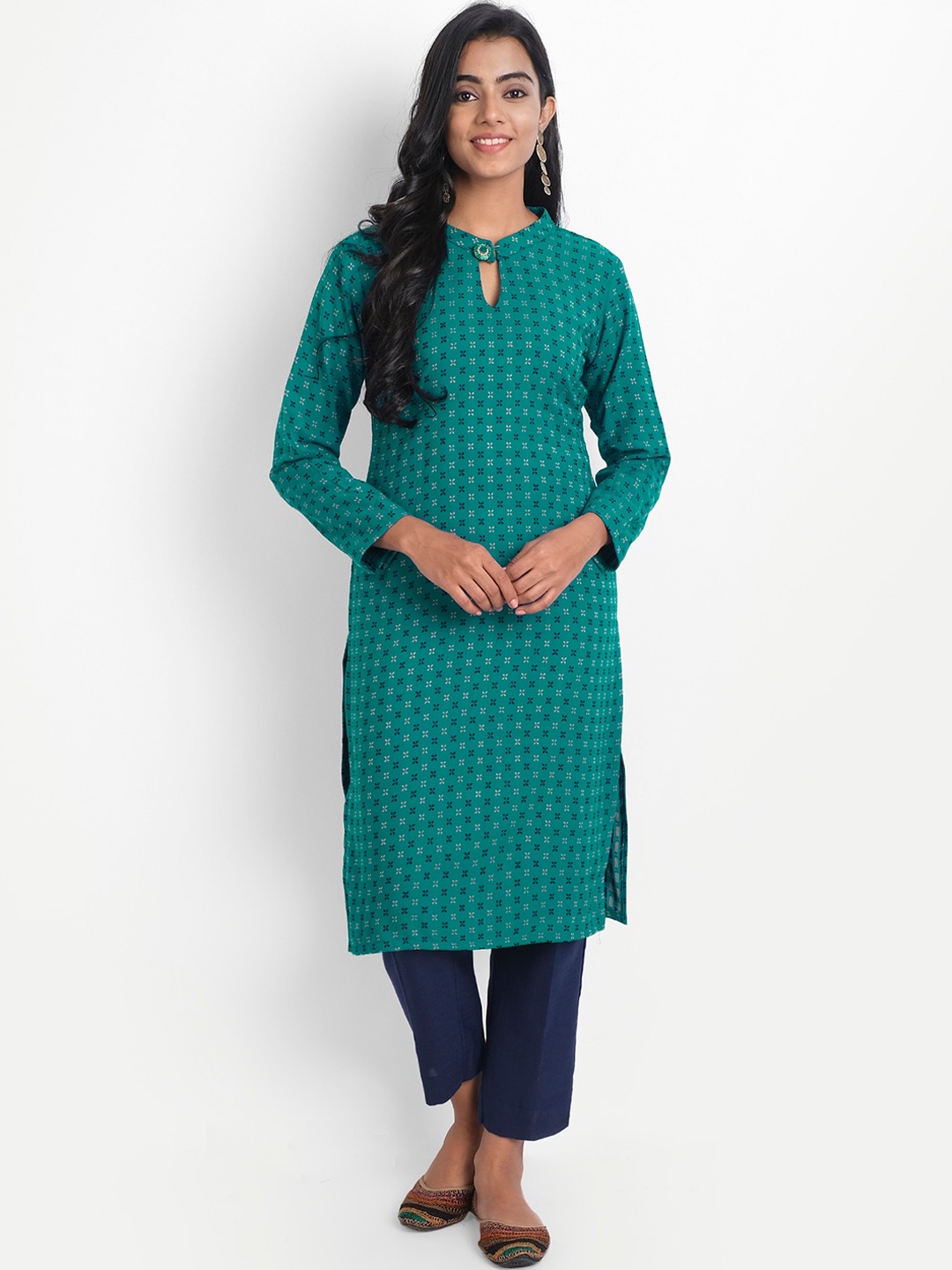 

Alavya Women Green Checked Keyhole Neck Dobby Kurta