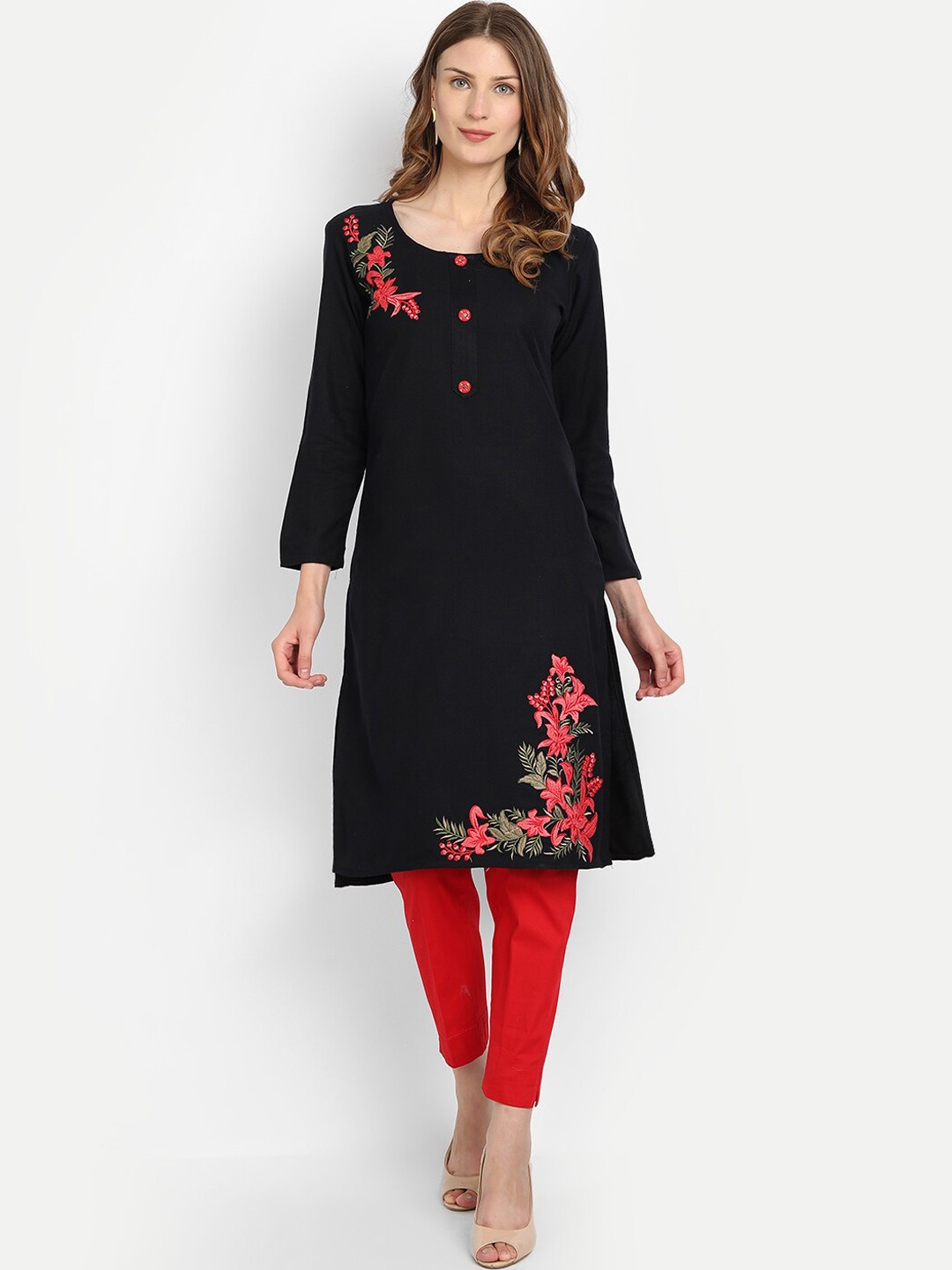 

Alavya Women Black & Red Floral Embroidered Thread Work Floral Woolen Dobby Kurta