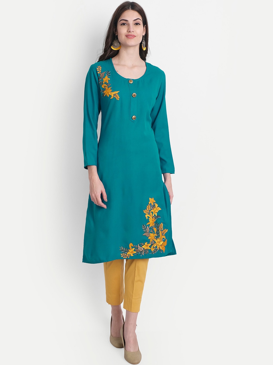 

Alavya Women Teal Floral Embroidered Dobby Kurta
