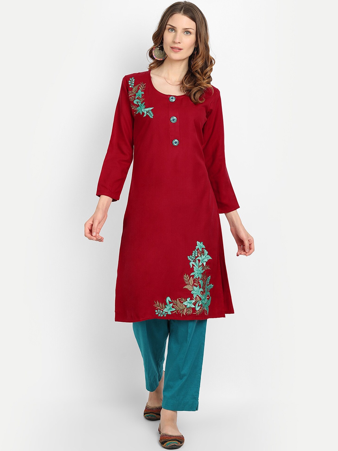 

Alavya Women Red Floral Embroidered Dobby Kurta