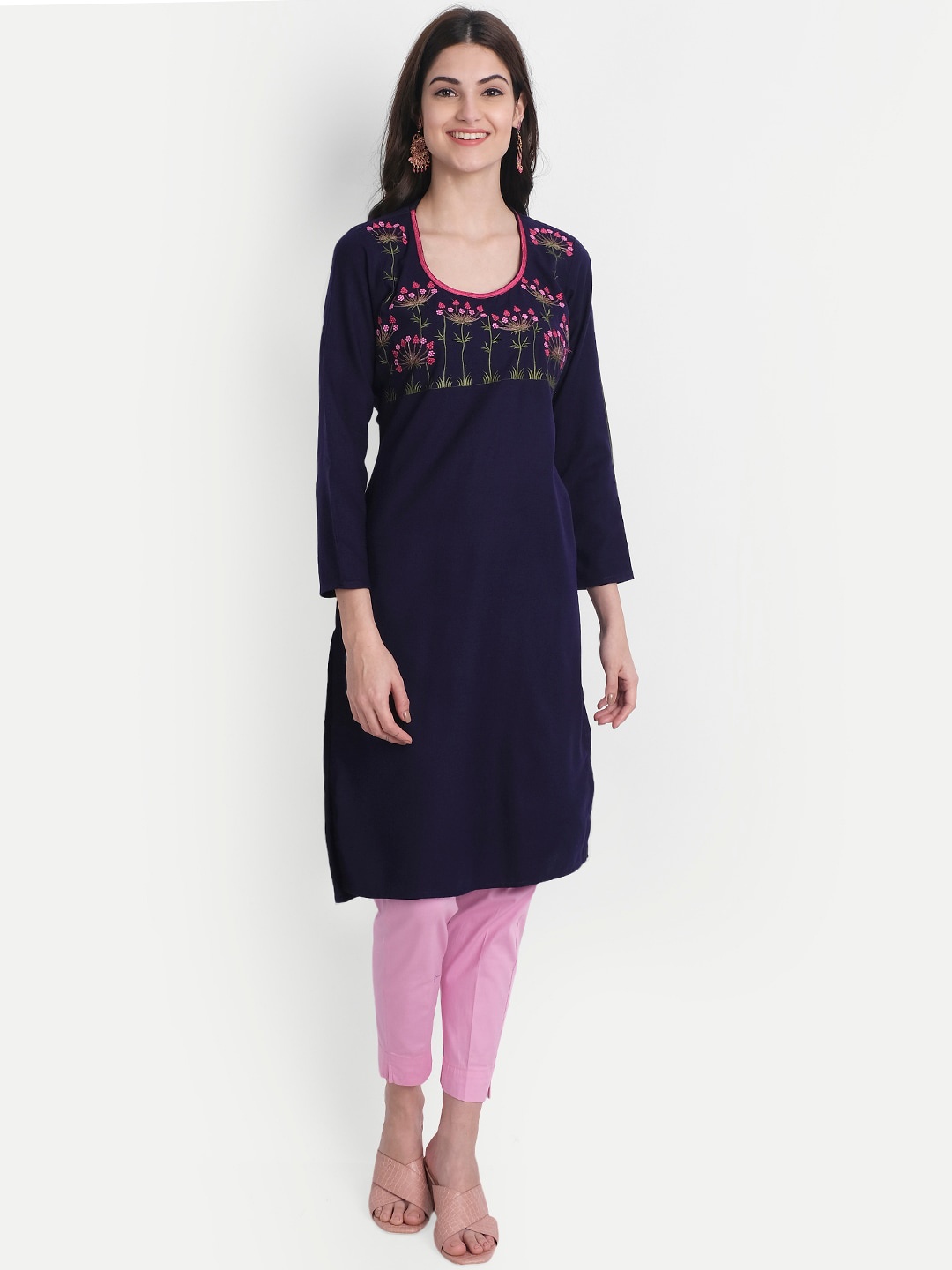 

Alavya Women Navy Blue Floral Yoke Design Thread Work Dobby Kurta