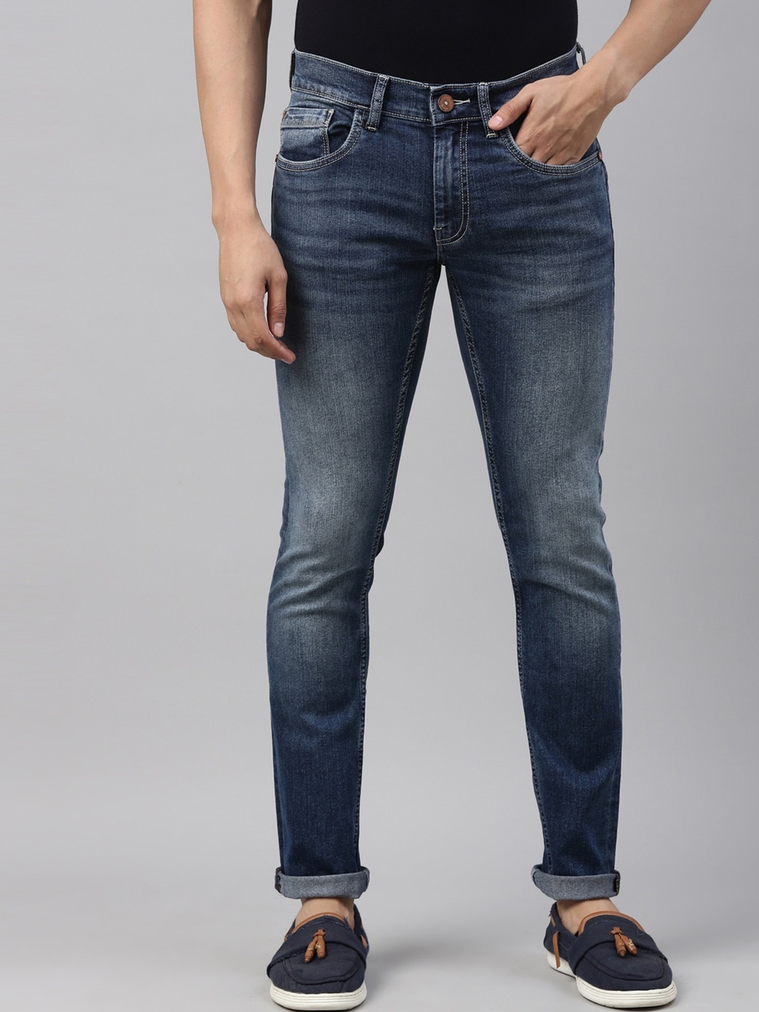 

American Bull Men Blue Skinny Fit Low Distress Heavy Fade Jeans