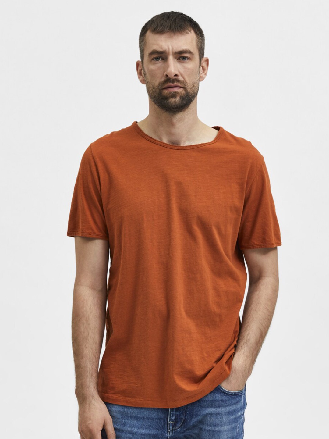 

SELECTED Men Orange Solid Organic Cotton T-shirt