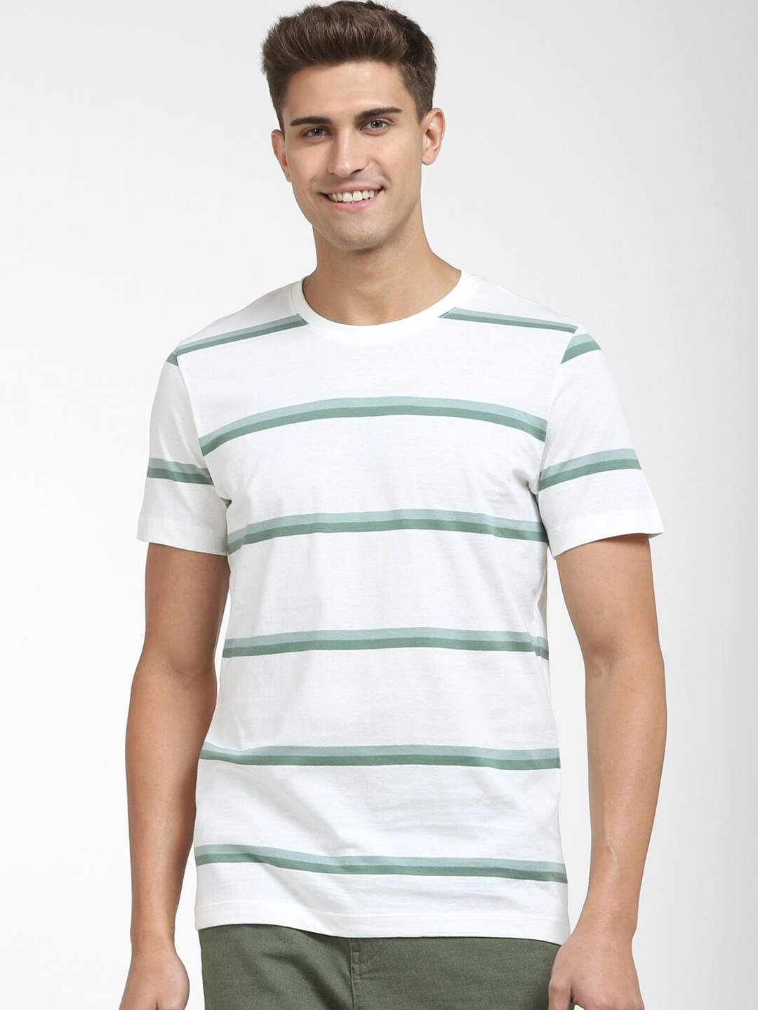 

SELECTED Men Green Striped Organic Cotton T-shirt