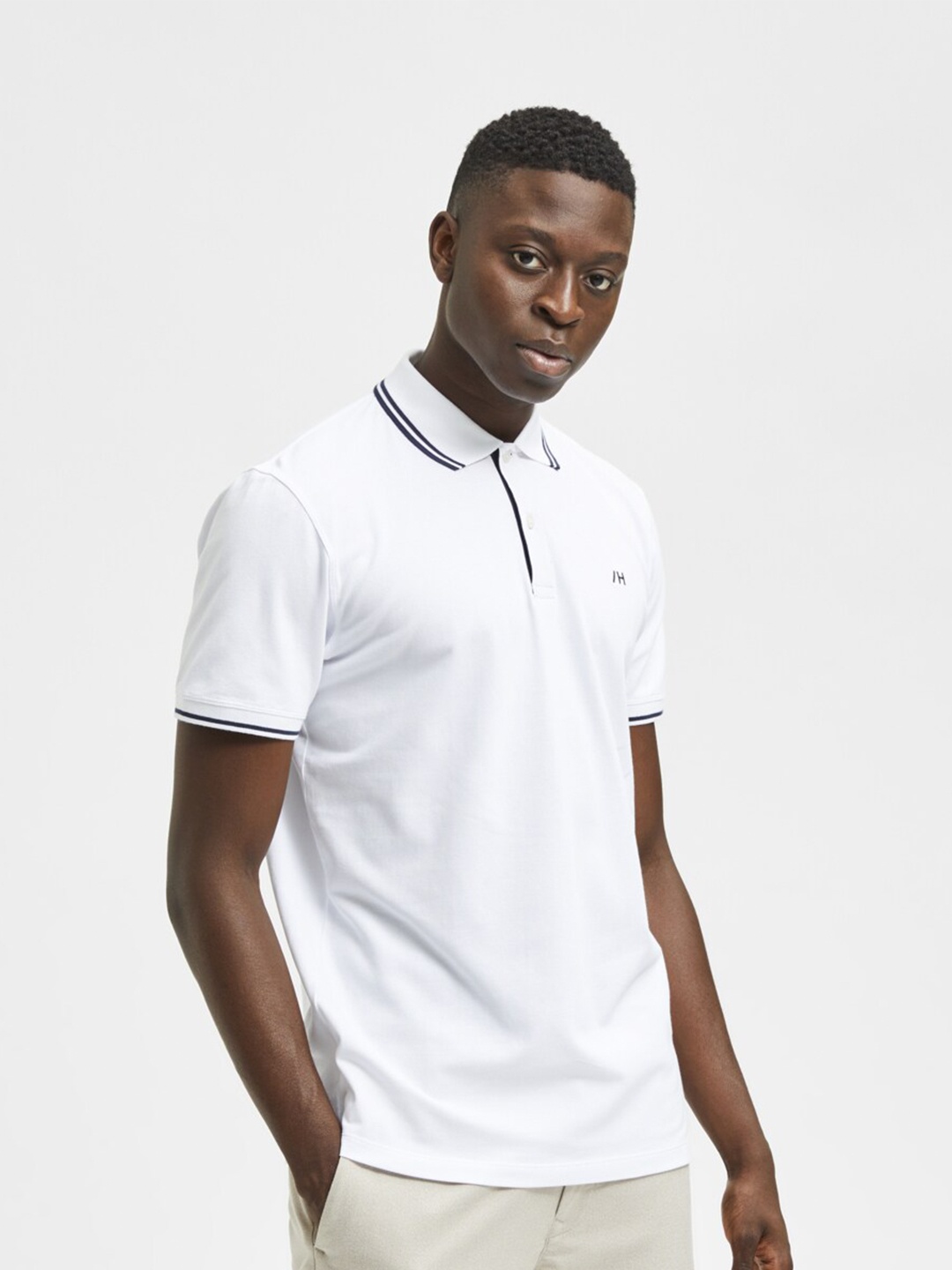 

SELECTED Men White Polo Collar Organic Cotton T-shirt