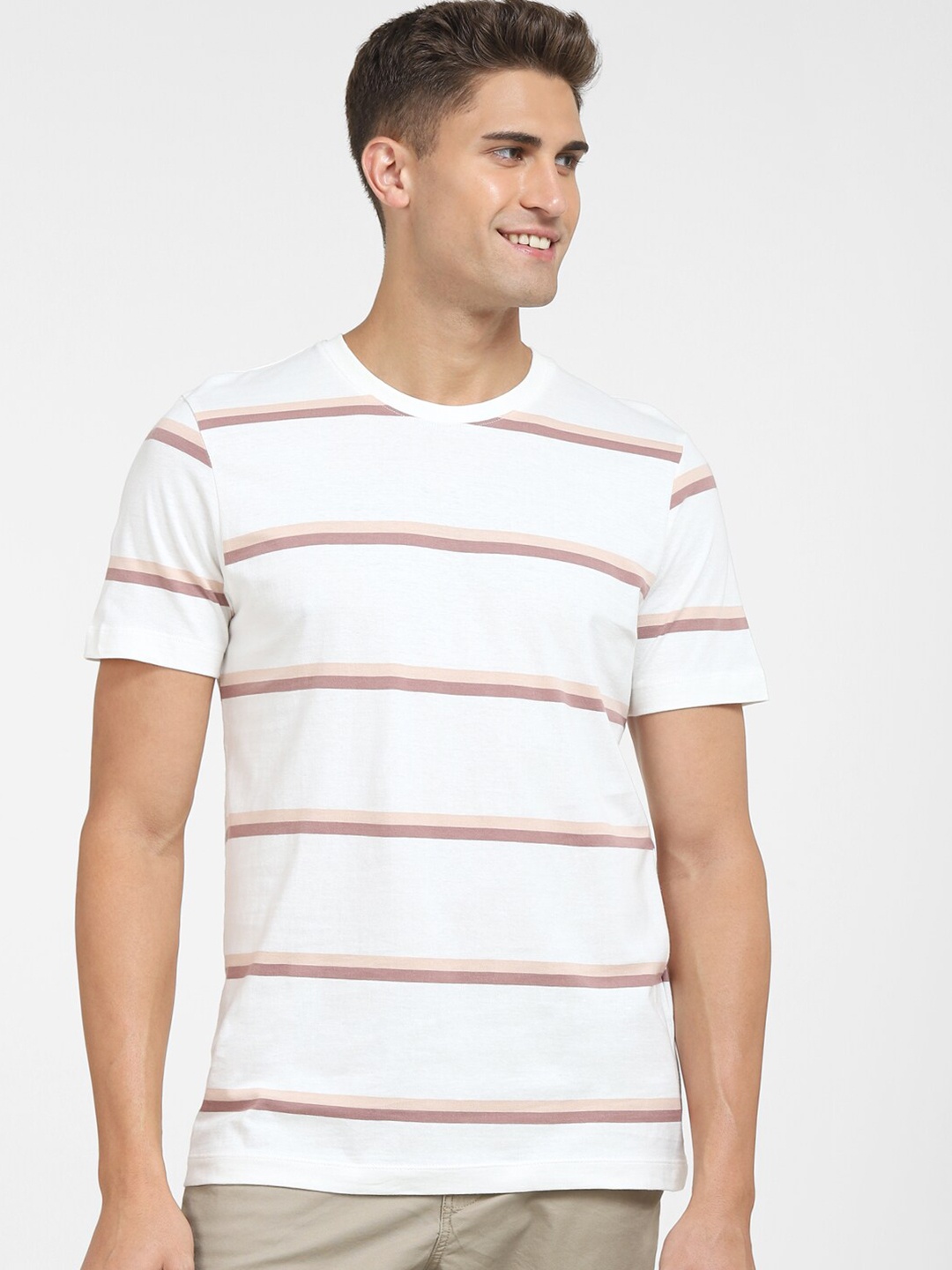 

SELECTED Men White & Peach Striped Organic Cotton T-shirt