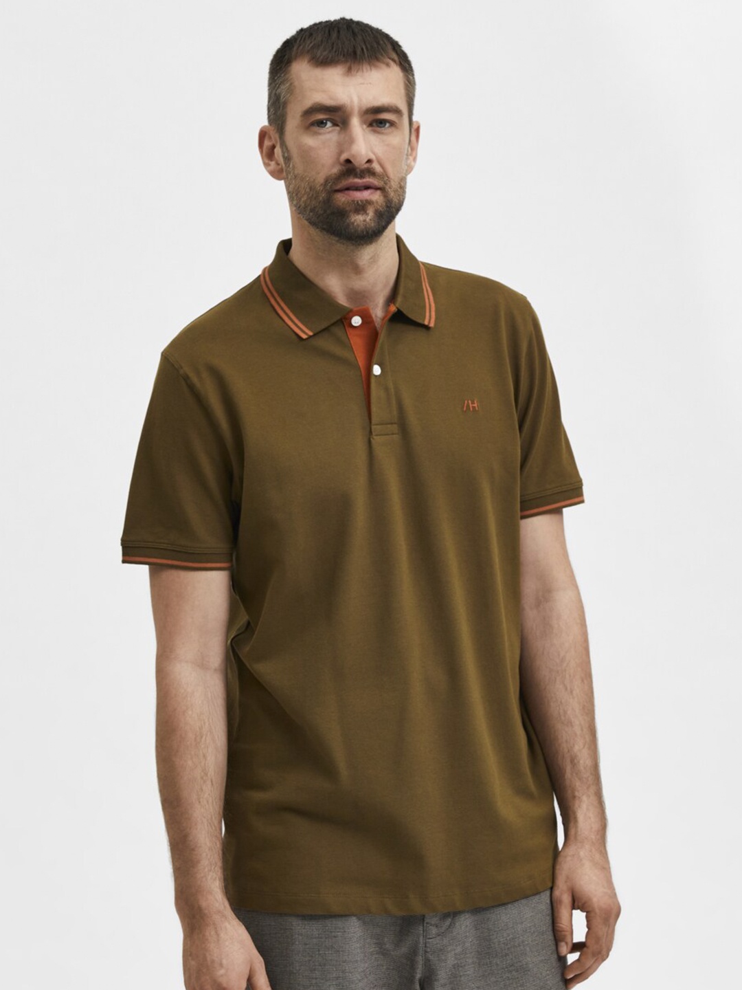 

SELECTED Men Green Polo Collar Organic Cotton T-shirt