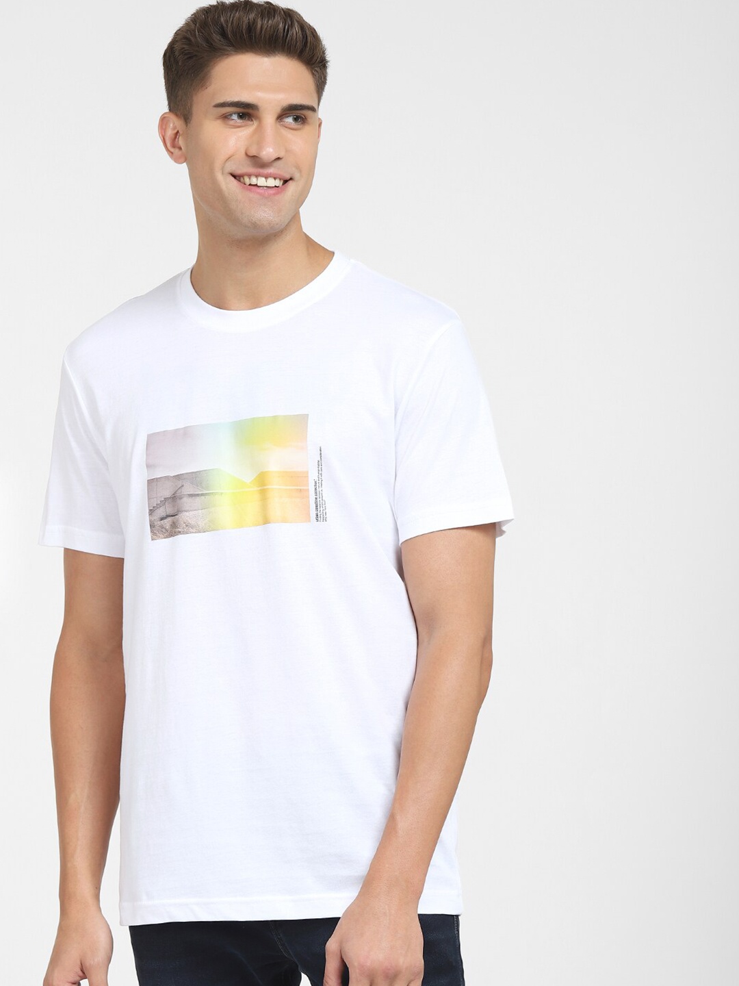 

SELECTED Men White Typography Printed Organic Cotton Applique T-shirt