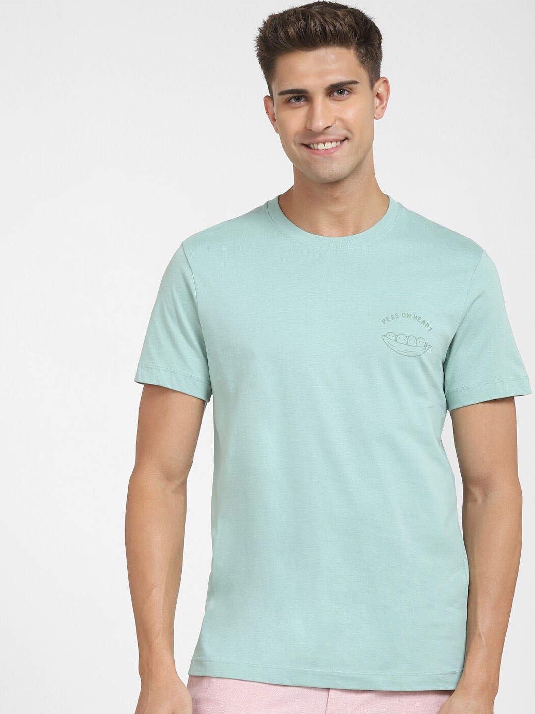 

SELECTED Men Green Round Neck Organic Cotton T-shirt