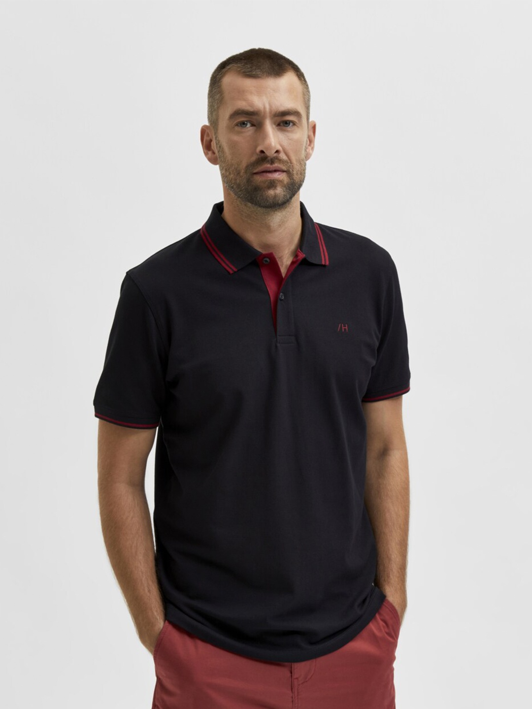 

SELECTED Men Black Polo Collar Organic Cotton T-shirt