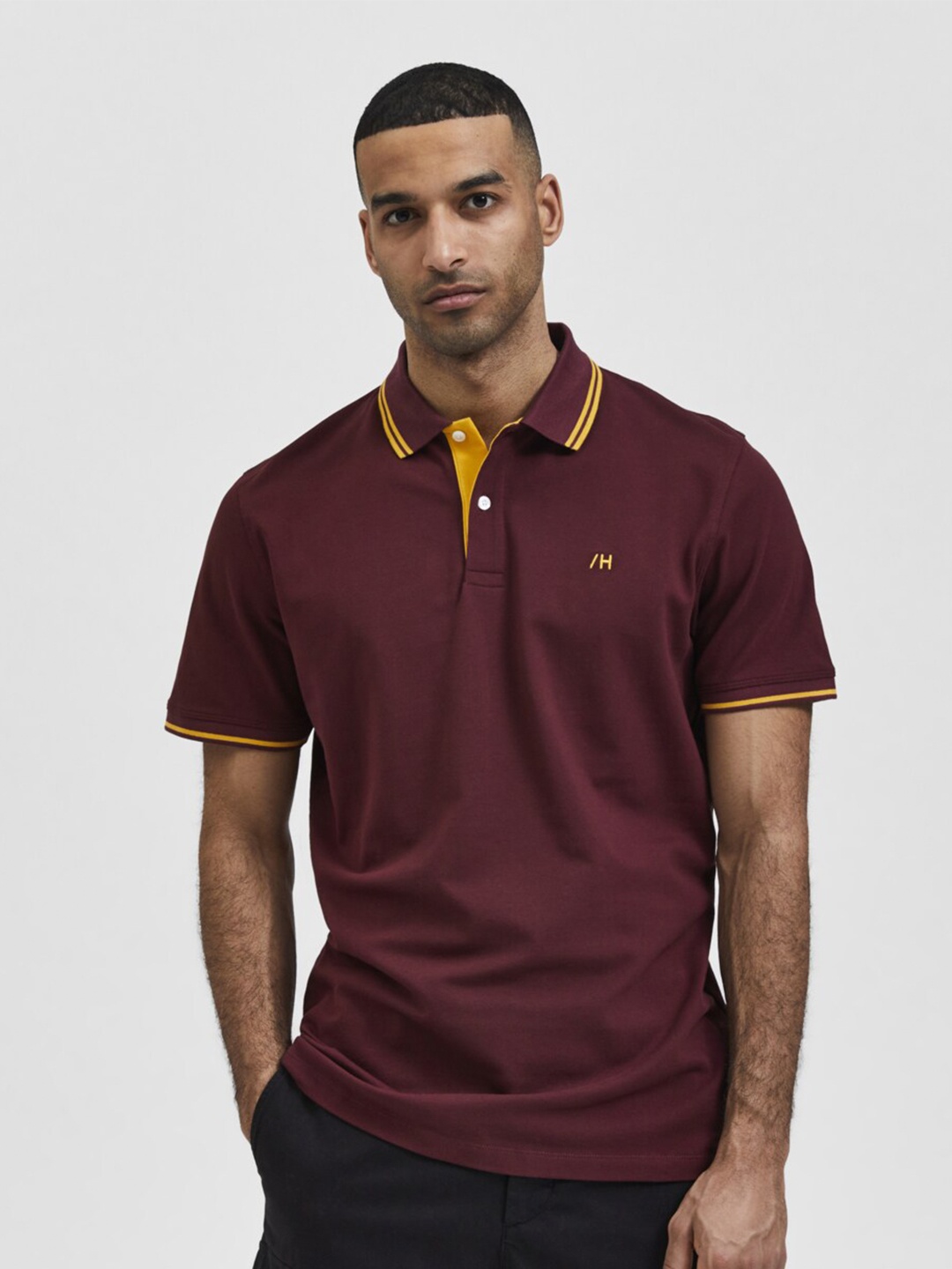 

SELECTED Men Maroon & Yellow Typography Polo Collar T-shirt