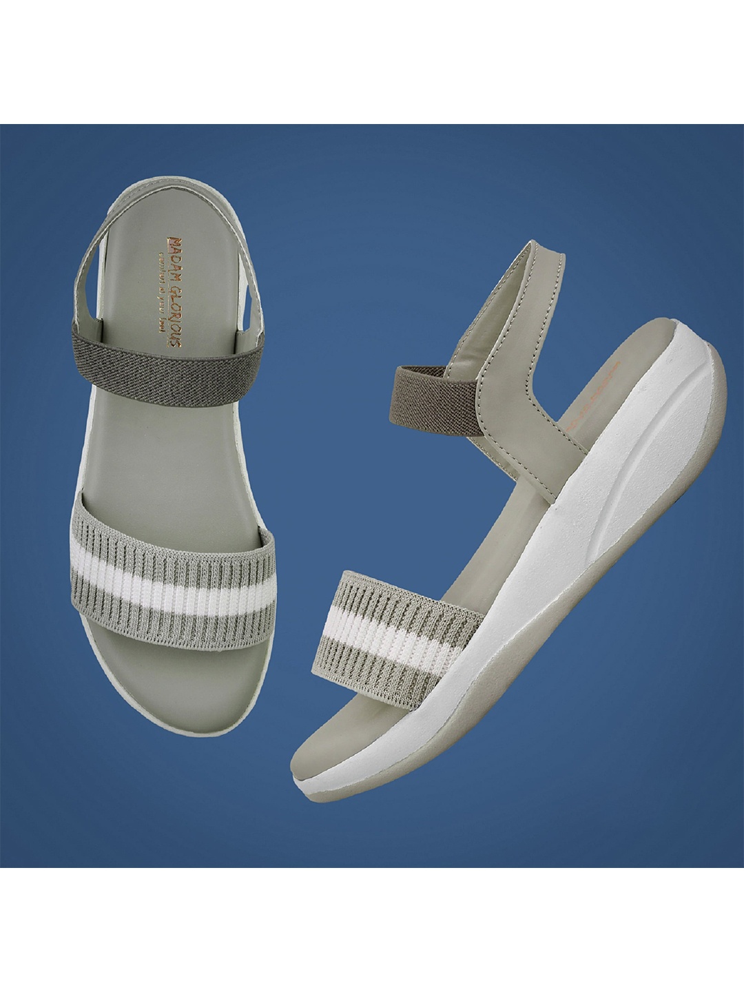 madam glorious Grey & White Flatform Single Strap Sandals