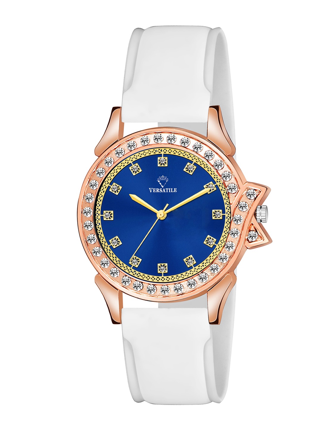 

Versatile Women Blue Brass Embellished Dial & White Straps Analogue Watch, Multi