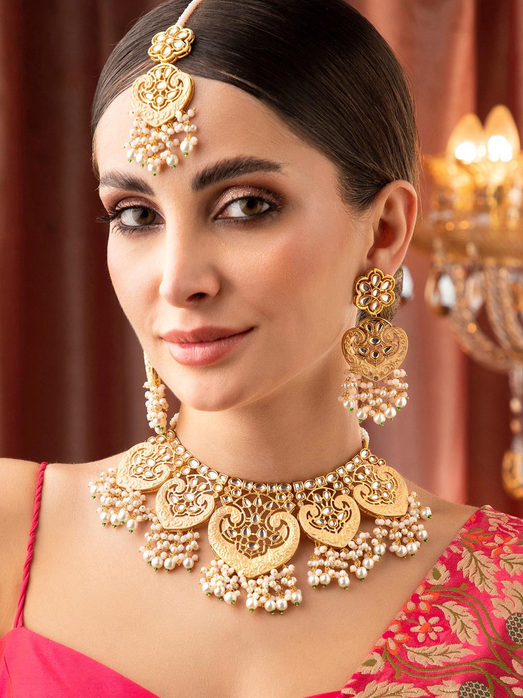 

Rubans Gold-Plated & White Kundan Studded Jewellery Set