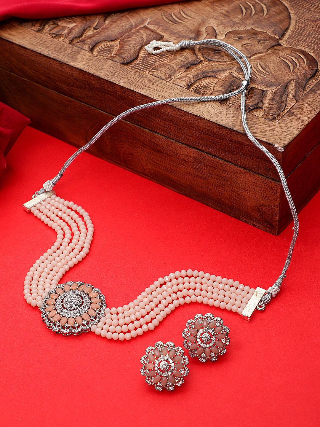 

STEORRA JEWELS Peach-coloured Stone Studded Beaded Choker Jewellery set