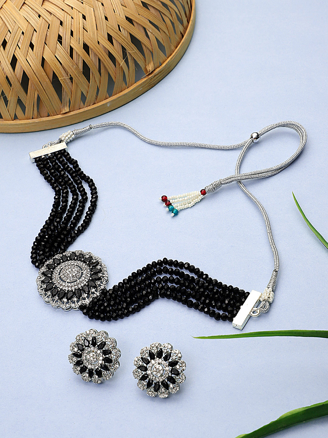 

STEORRA JEWELS Black Beaded Stone Studded Multi strand Choker Jewellery Set