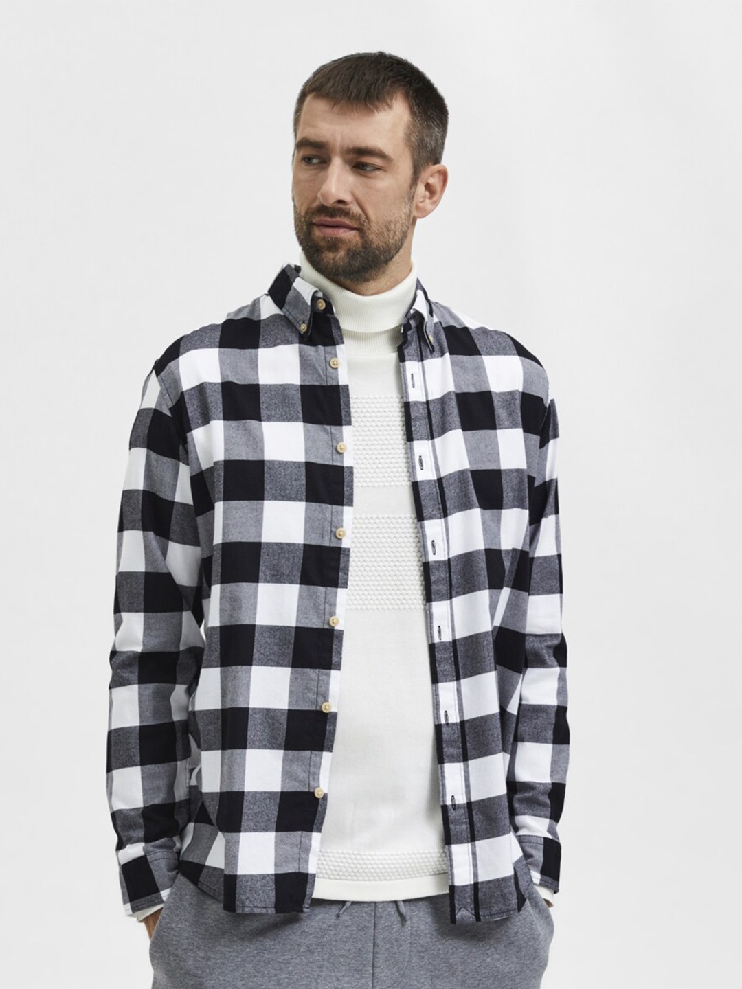 

SELECTED Men Grey Slim Fit Buffalo Checked Casual Shirt