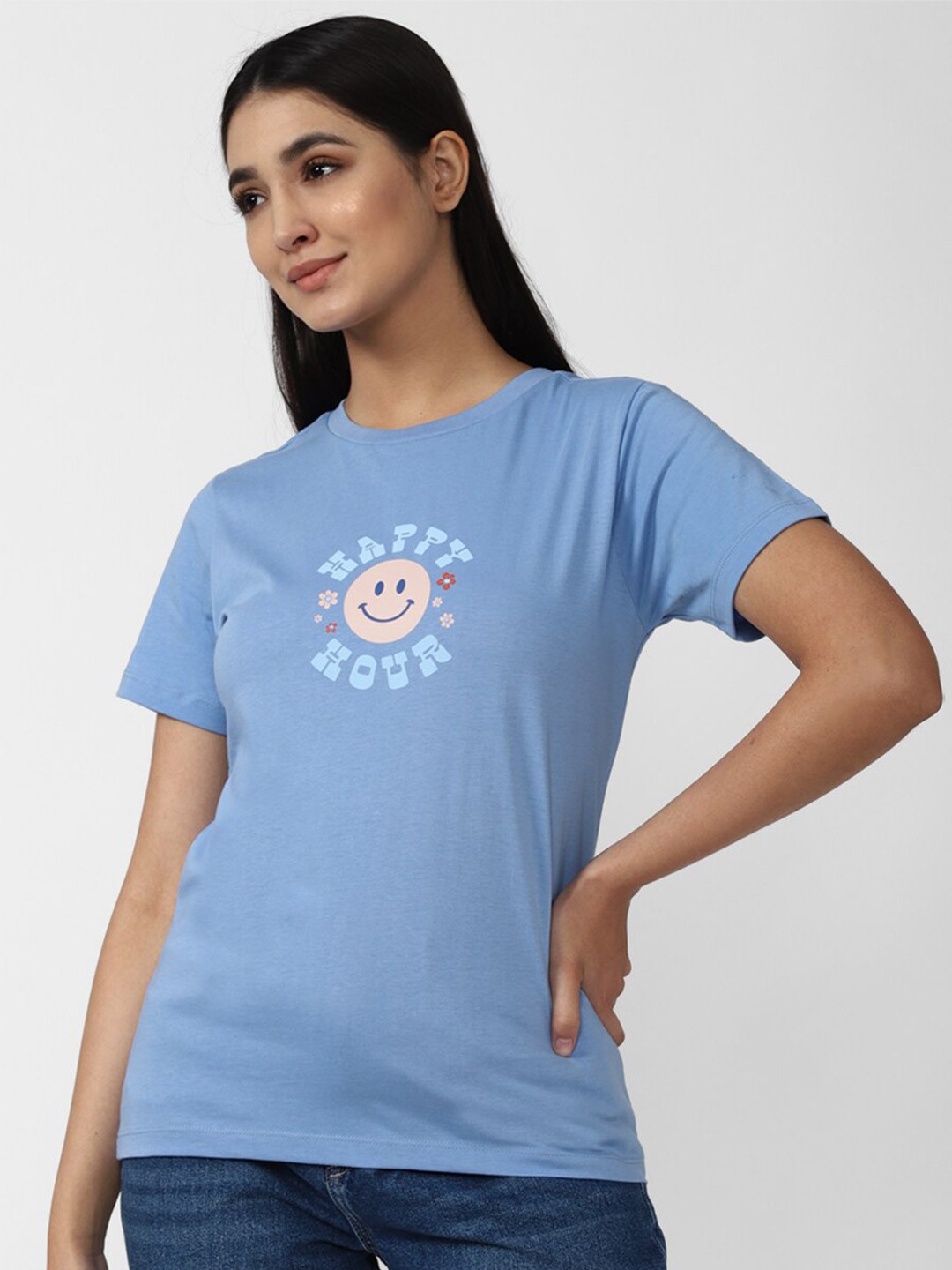 

FOREVER 21 Women Blue Graphic Printed Top
