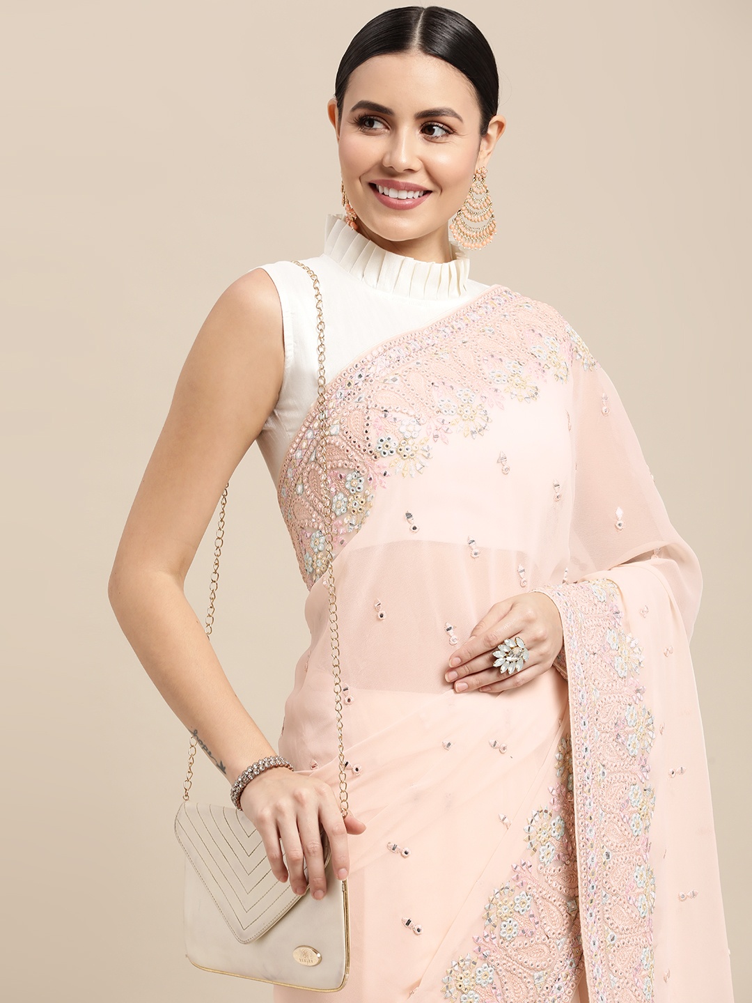

VASTRANAND Peach-Coloured Woven Design Chikankari Pure Georgette Saree