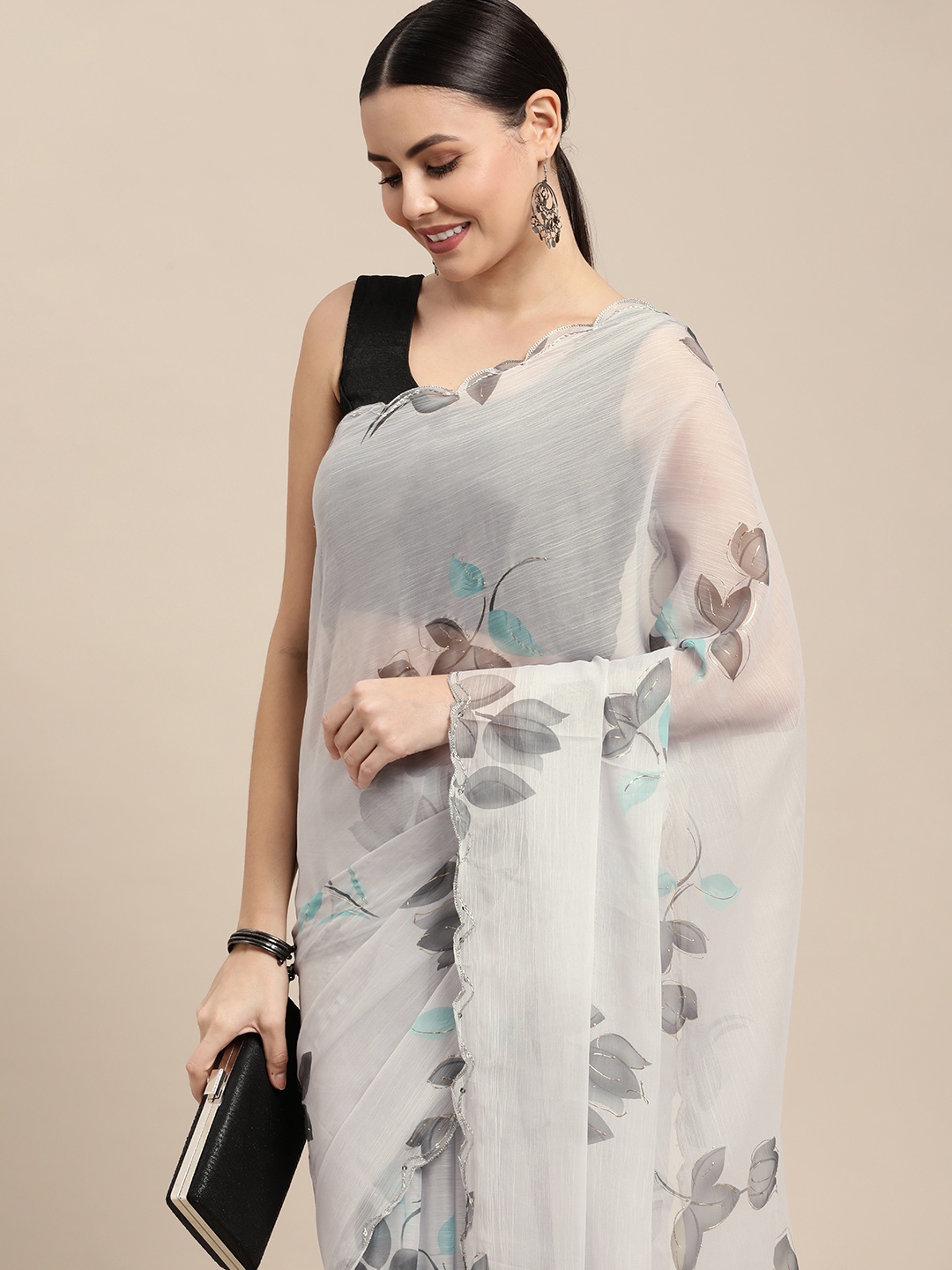

VASTRANAND Grey & Blue Floral Pure Chiffon Saree