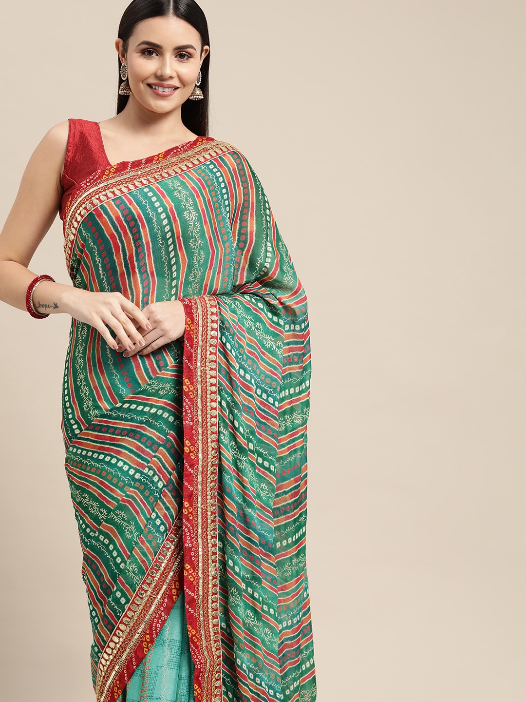 

VASTRANAND Sea Green Bandhani Printed Gotta Patti Saree with Blouse