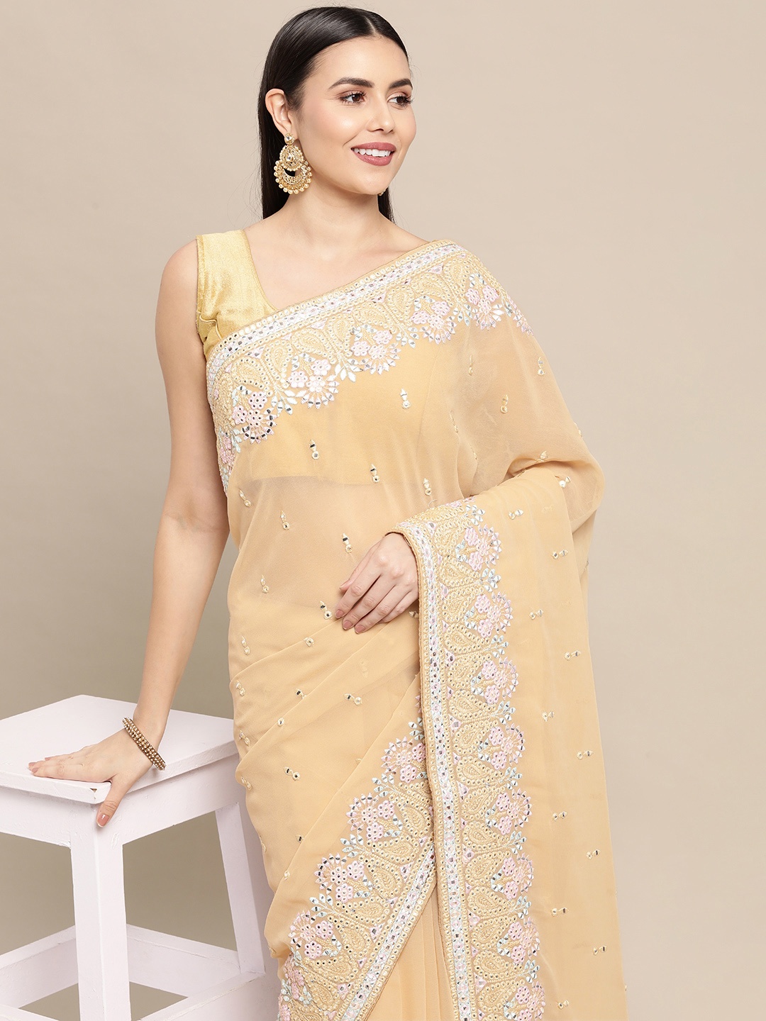 

VASTRANAND Cream-Coloured Embroidered Mirror Work Pure Georgette Saree with Blouse