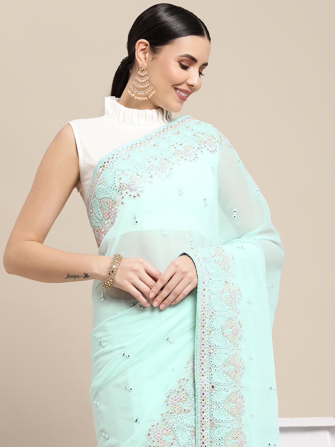 

VASTRANAND Turquoise Blue & Gold-Toned Woven Design Chikankari Pure Georgette Saree