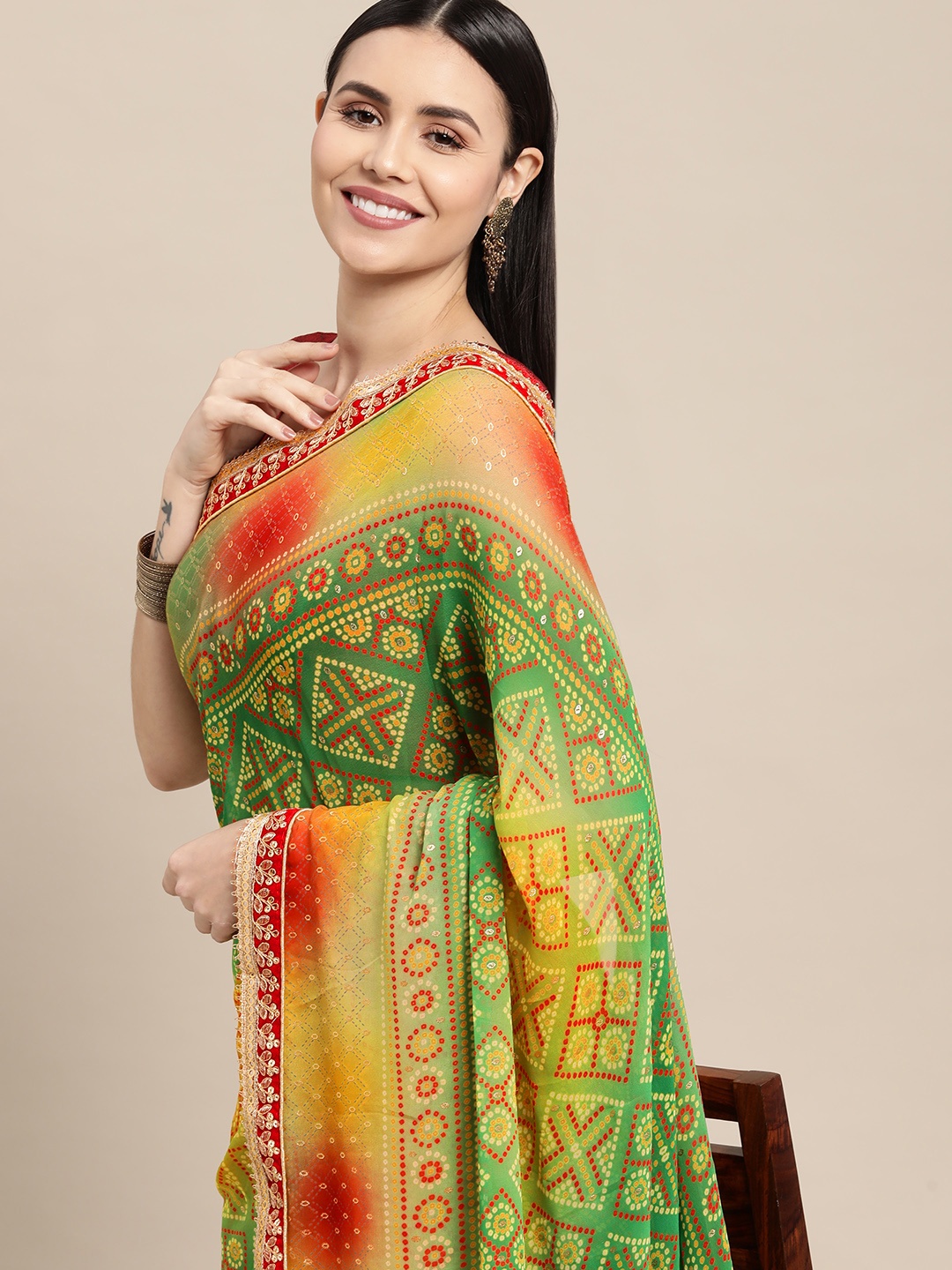 

VASTRANAND Green Bandhani Printed Sequined Embroidered Saree with Blouse