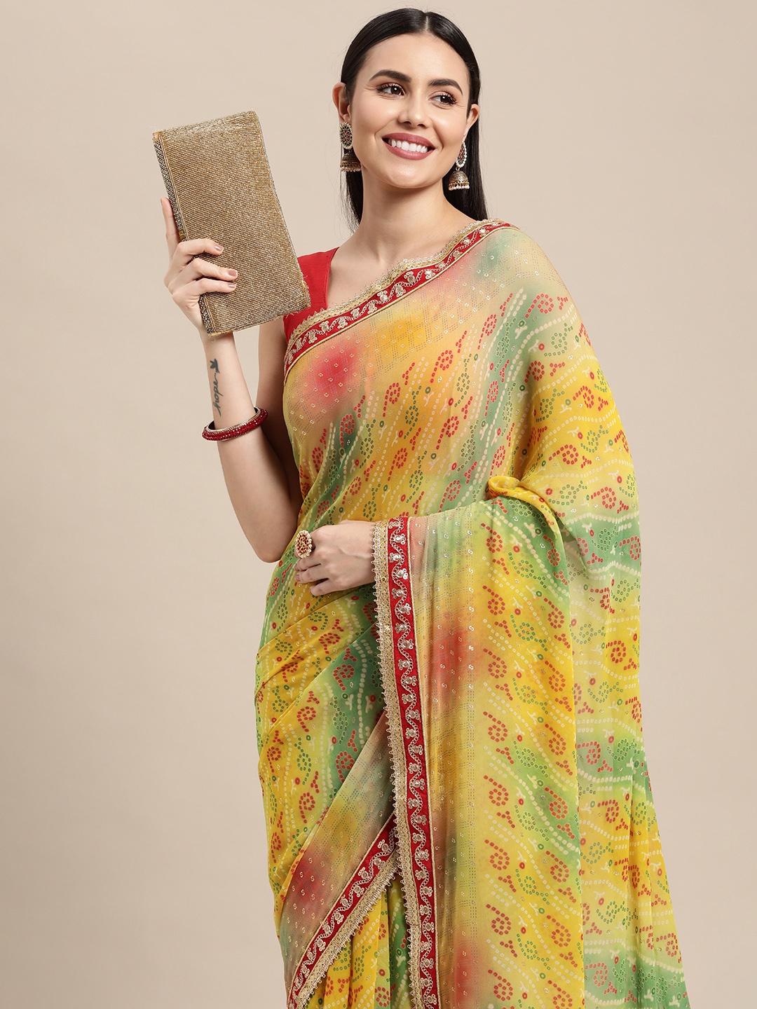 

VASTRANAND Green & Yellow Bandhani Printed Sequined Embroidered Saree with Blouse