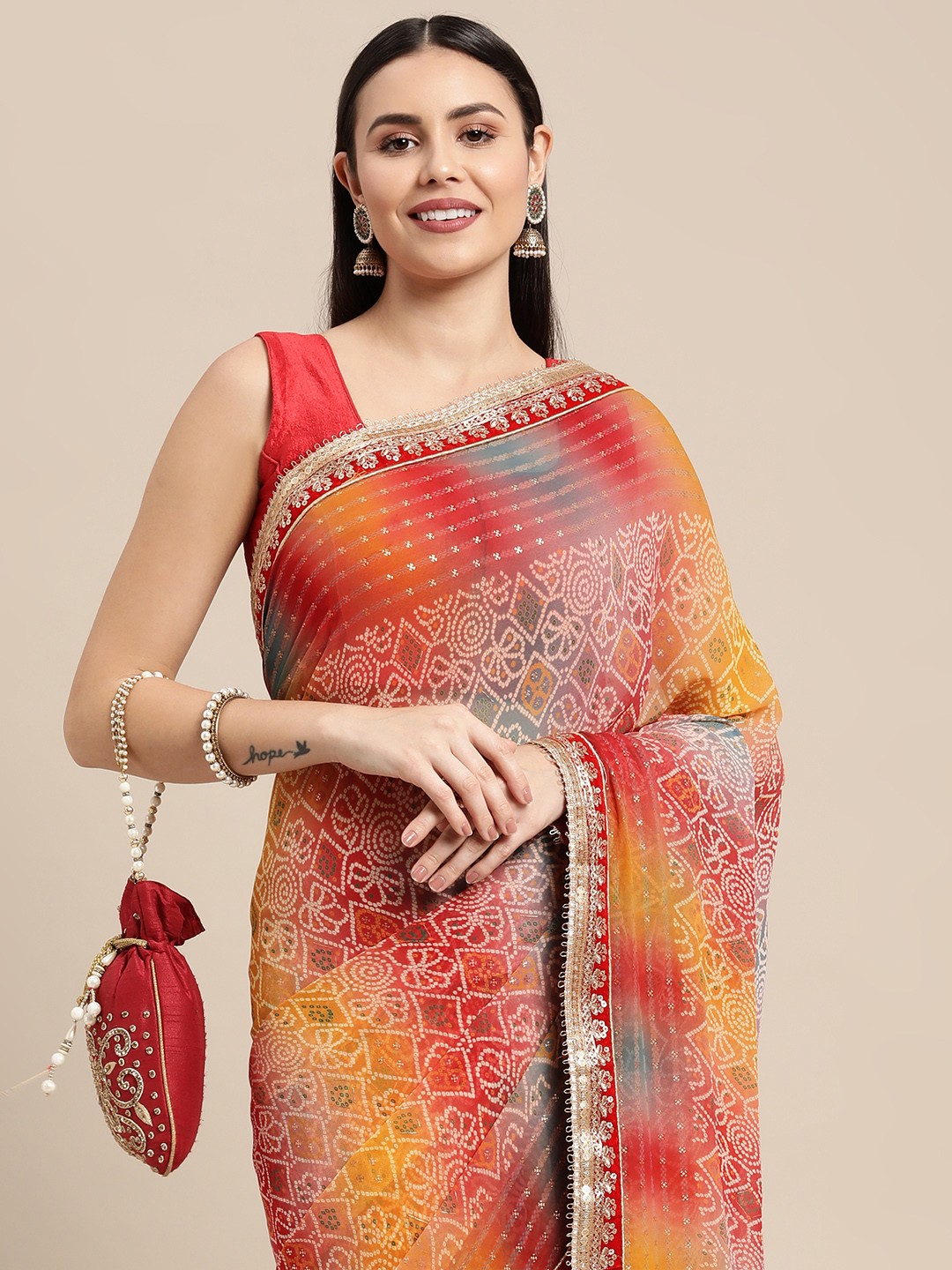 

VASTRANAND Yellow & Pink Bandhani Printed Sequined Embroidered Saree with Blouse